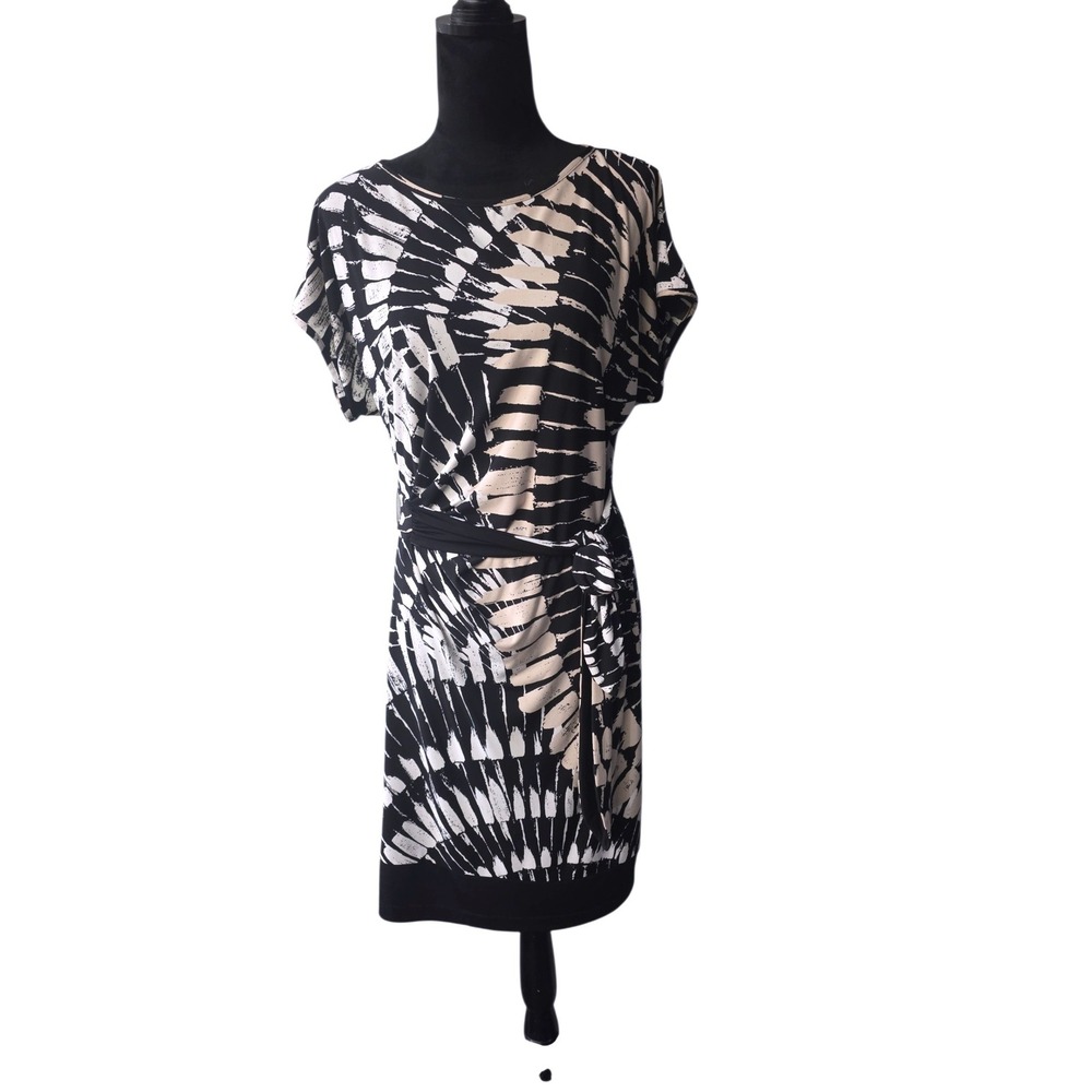 Donna Morgan Abstract Sunburst Sheath Dress Black Tan White‎ Side Tie Size 10